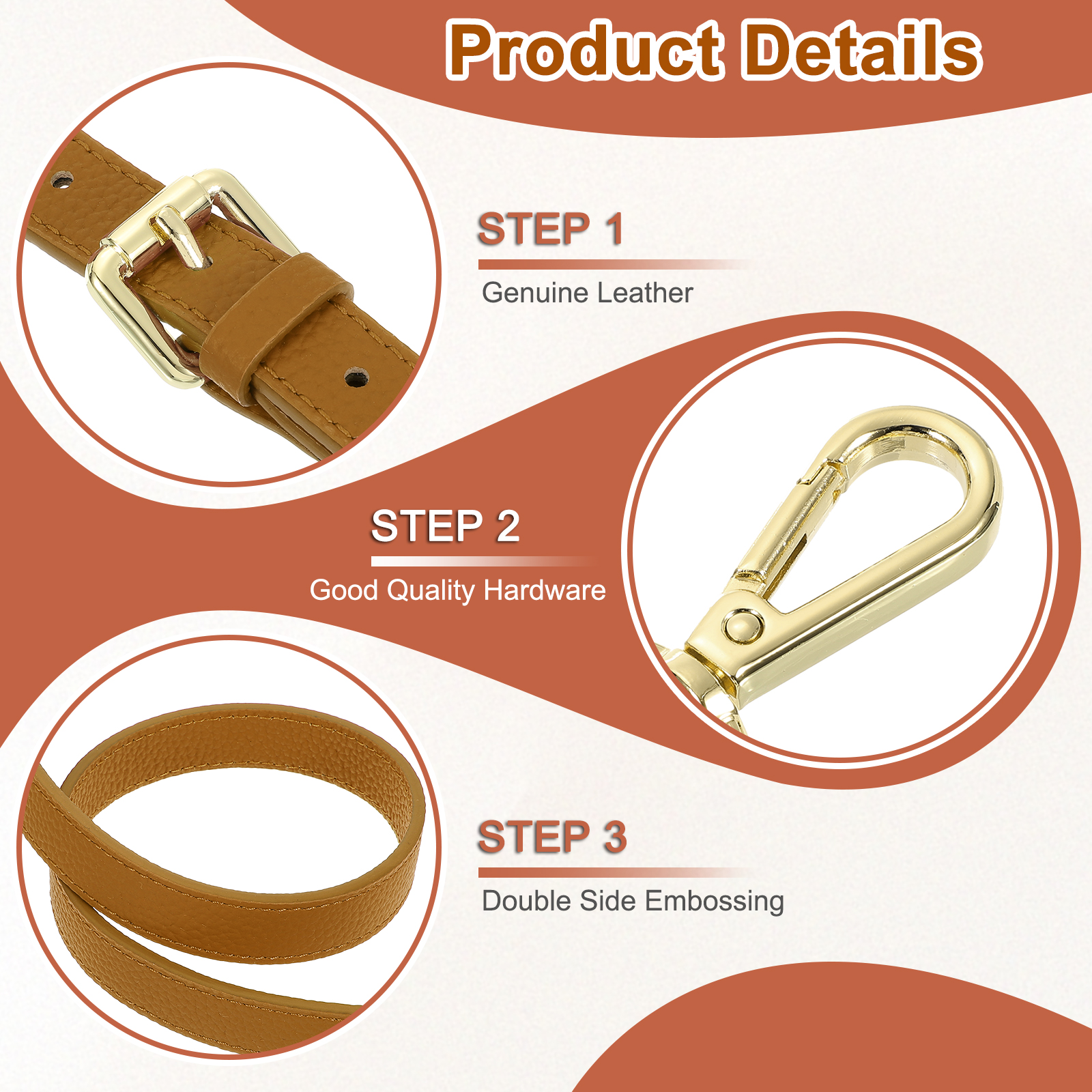 1" Genuine Leather Purse Strap for Bag (Light Brown, Gold Buckle)