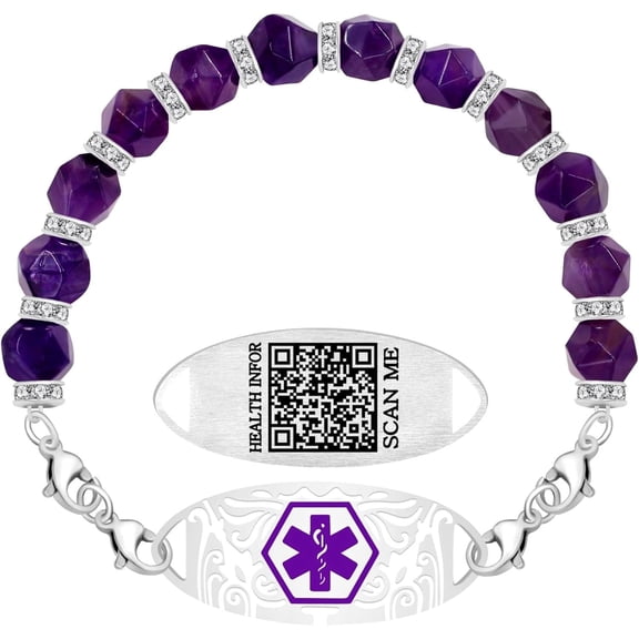 Dynamic QR Code Medical Alert Bracelet for Women, Faceted Purple Crystal Beads Medical ID Bracelet, Scan to Edit Health Info, Stainless Steel Interchangeable Medical Tag