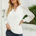 thumbnail image 4 of SWSMCLT Women's Tshirt Soft Elegant Lace Waffle Knit Shirt Cotton Notch V Neck Illusion Long Sleeve Fashion Patchwork Tee White Small, 4 of 4
