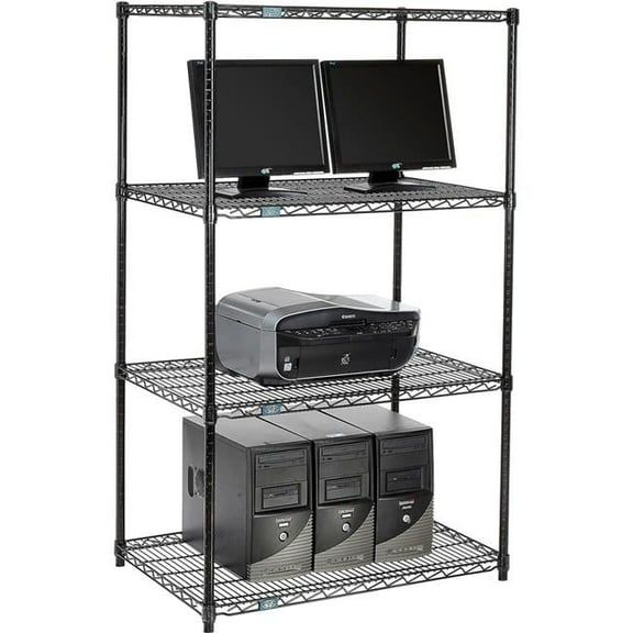 Nexel 4-Shelf Wire Computer LAN Workstation, Black - 36 x 24 x 63 in.