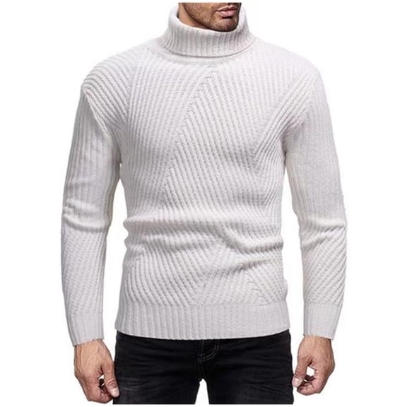 Mens Turtleneck Sweater Slim Fit Cable Knitted Casual Pullover Lightweight Ribbed Long Sleeve Sweaters (XL, White)