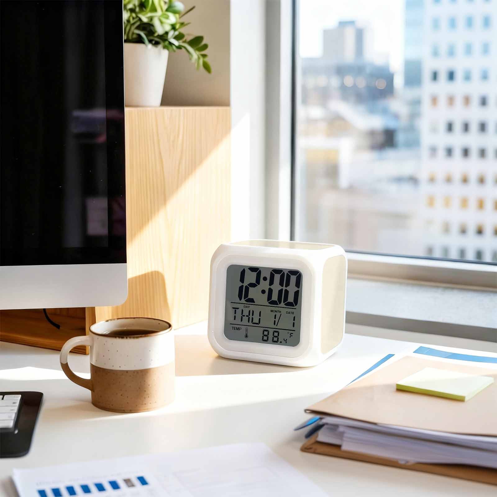 Cream Digital Alarm Clock for Bedrooms, Smart LED Alarm Clock with 7 Color Changing Night Light, Modern Pure Beige Silent Wake Up Clocks for Sleep Study Cooking 3.2"x3.2"