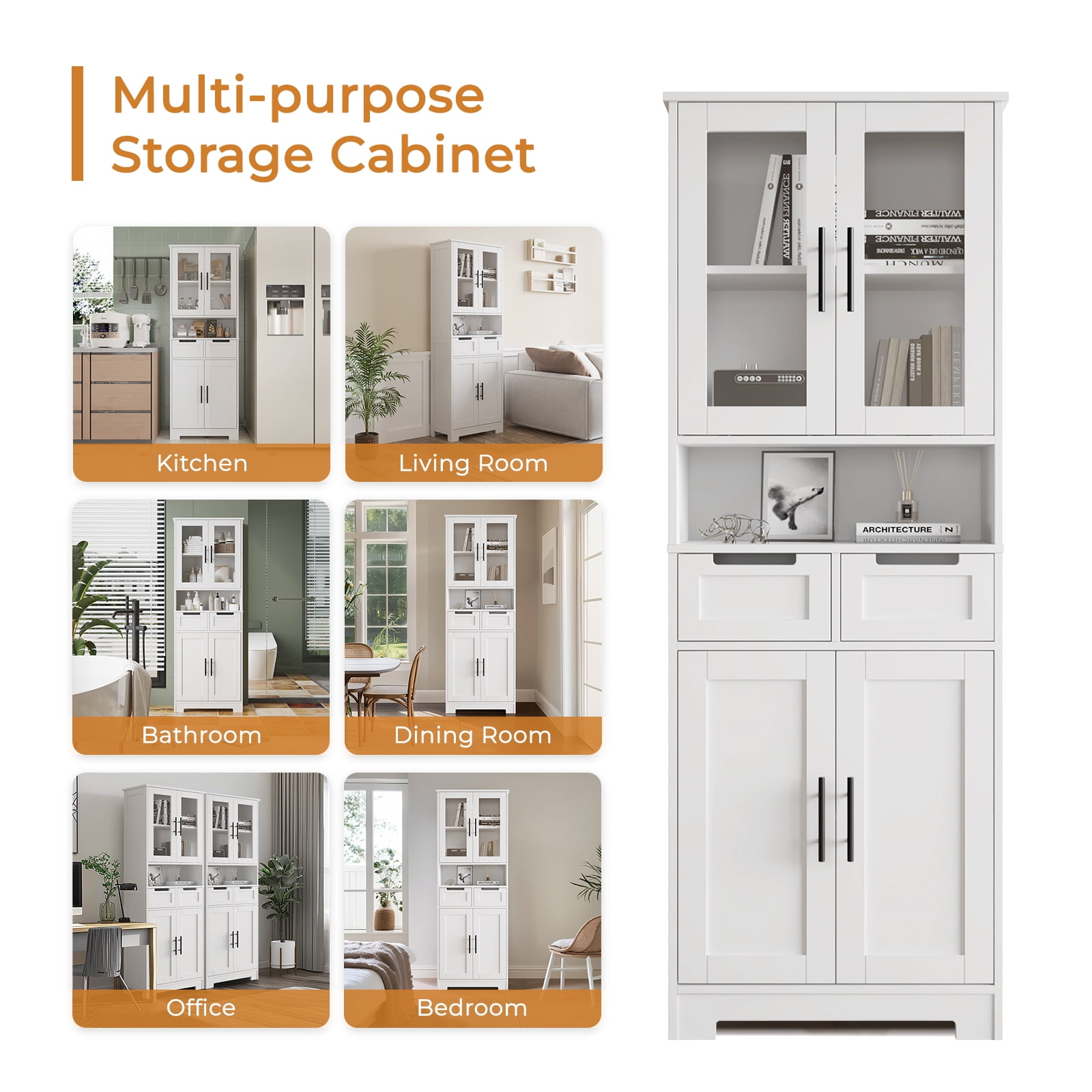 Ktaxon 67" Tall Bathroom Cabinet with 2 Drawers, Floor Storage Cabinet Wardrobes, 4 Door Wooden Cupboard Adjustable Shelf, White