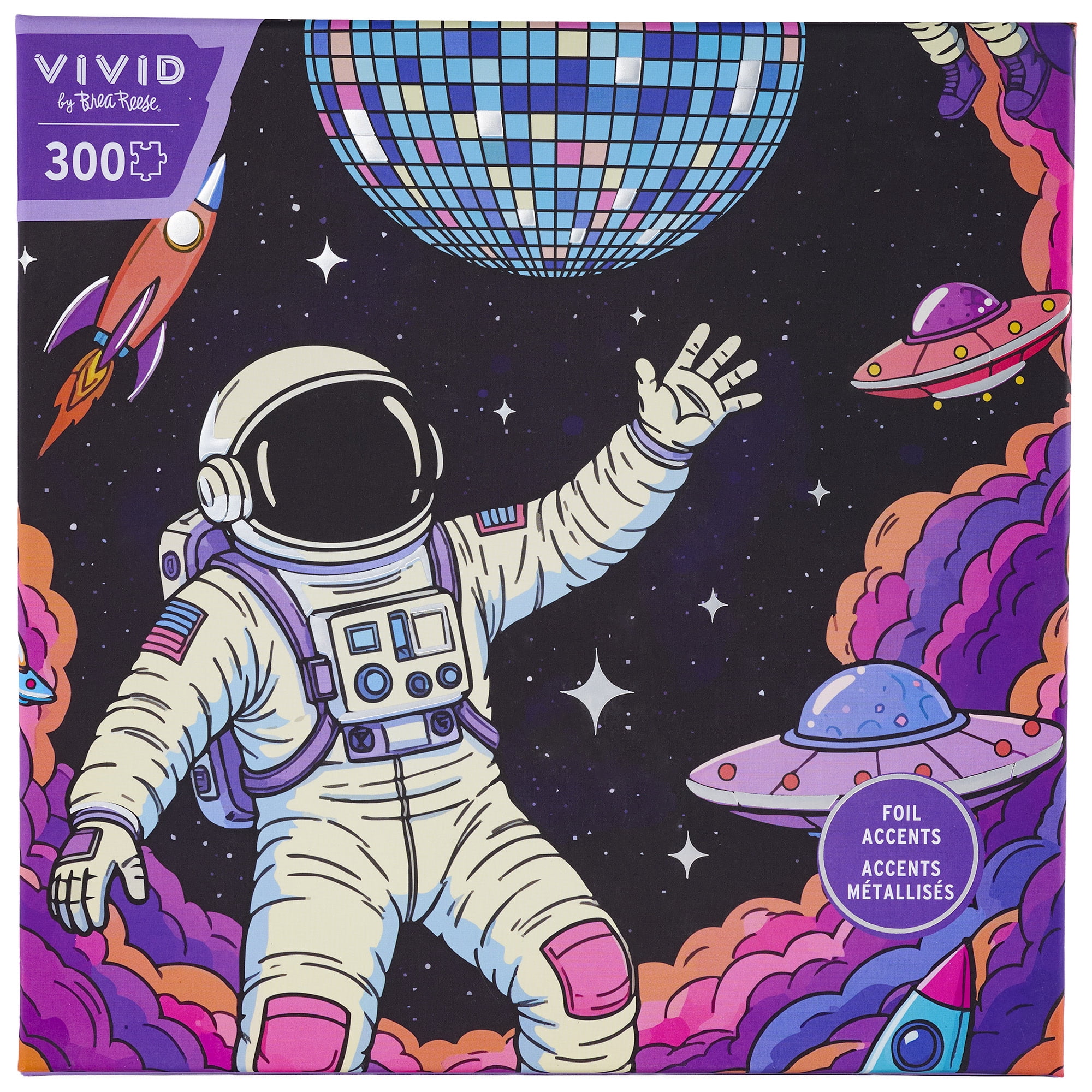 Vivid by Brea Reese: 300 Piece Puzzle - Disco Orbit - Astronaut Space Dance Scene Jigsaw, Soft-Touch Pieces, Metallic Foil, Image Reference Poster