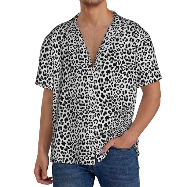 Balery Black Leopard Camisa Casual de Manga Corta con Botones para Hombre, Texturizada, Estilo Cubano, para Playa, Verano-3X-Large