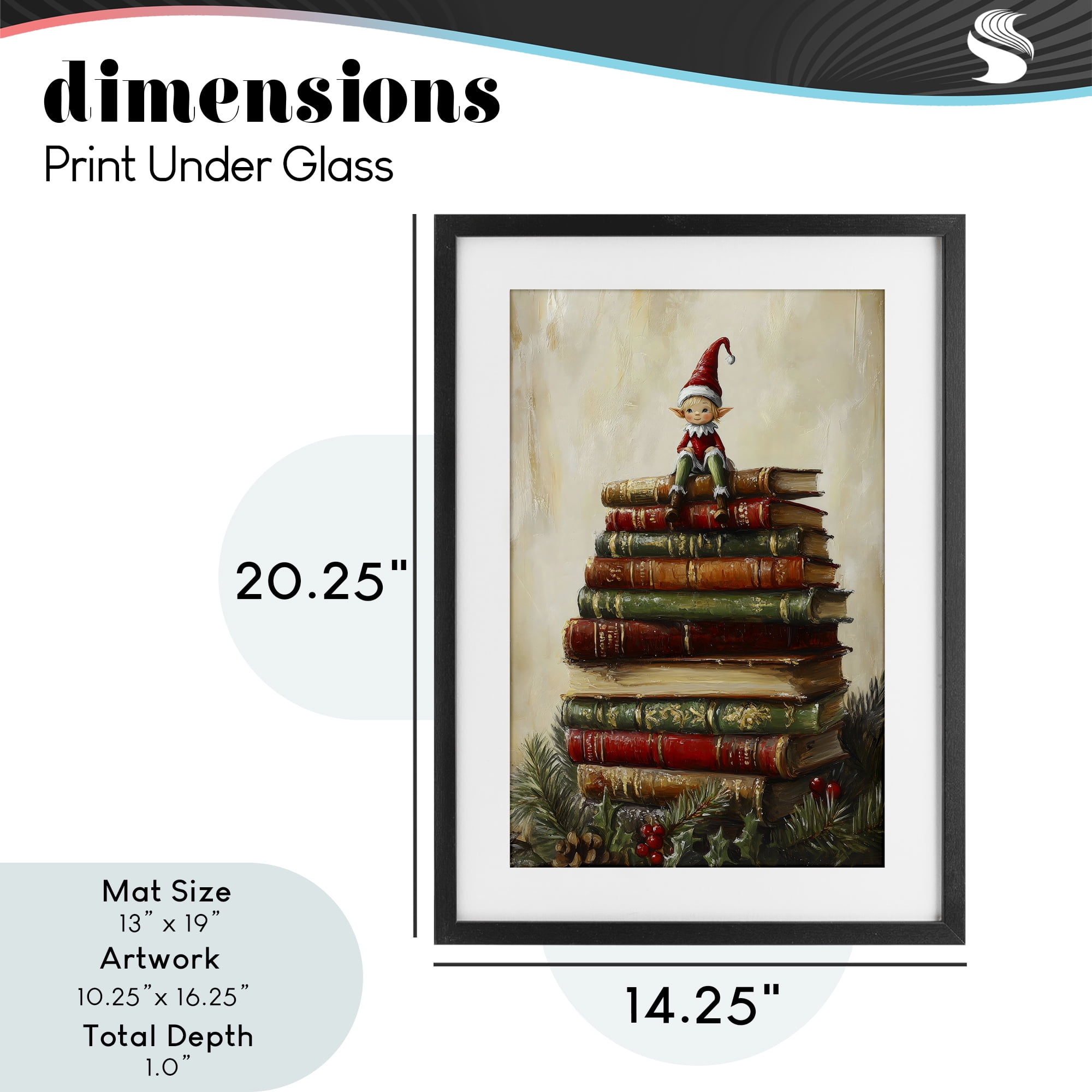 Christmas Elf Bookstack Black Framed Print Under Glass, design by Petal Prints Design