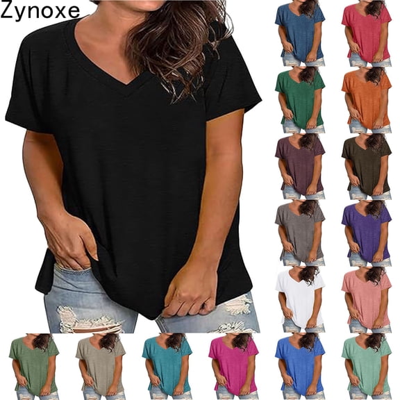 Zynoxe Plus Size T Shirts for Women Casual V Neck Short Sleeve Summer Tops Trendy Versatile Solid Color Oversized Tshirts Comfortable Basic Tees XL