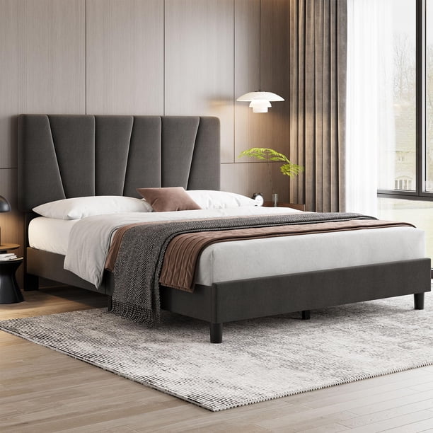 Yeshouse Marco de cama con cabecera ajustable, moderno marco de cama doble tapizado en lino con plataforma y soporte de listones de madera, no necesita somier