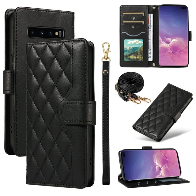 Samsung Galaxy S10 Plus Phone Case , Wallet Flip Cover Adjustable Crossbody Lanyard Magnetic Card Slots