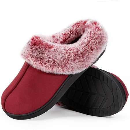 

HomeTop Women s Classic Microsuede Memory Foam Slippers Durable Rubber Sole with Warm Faux Fur Collar