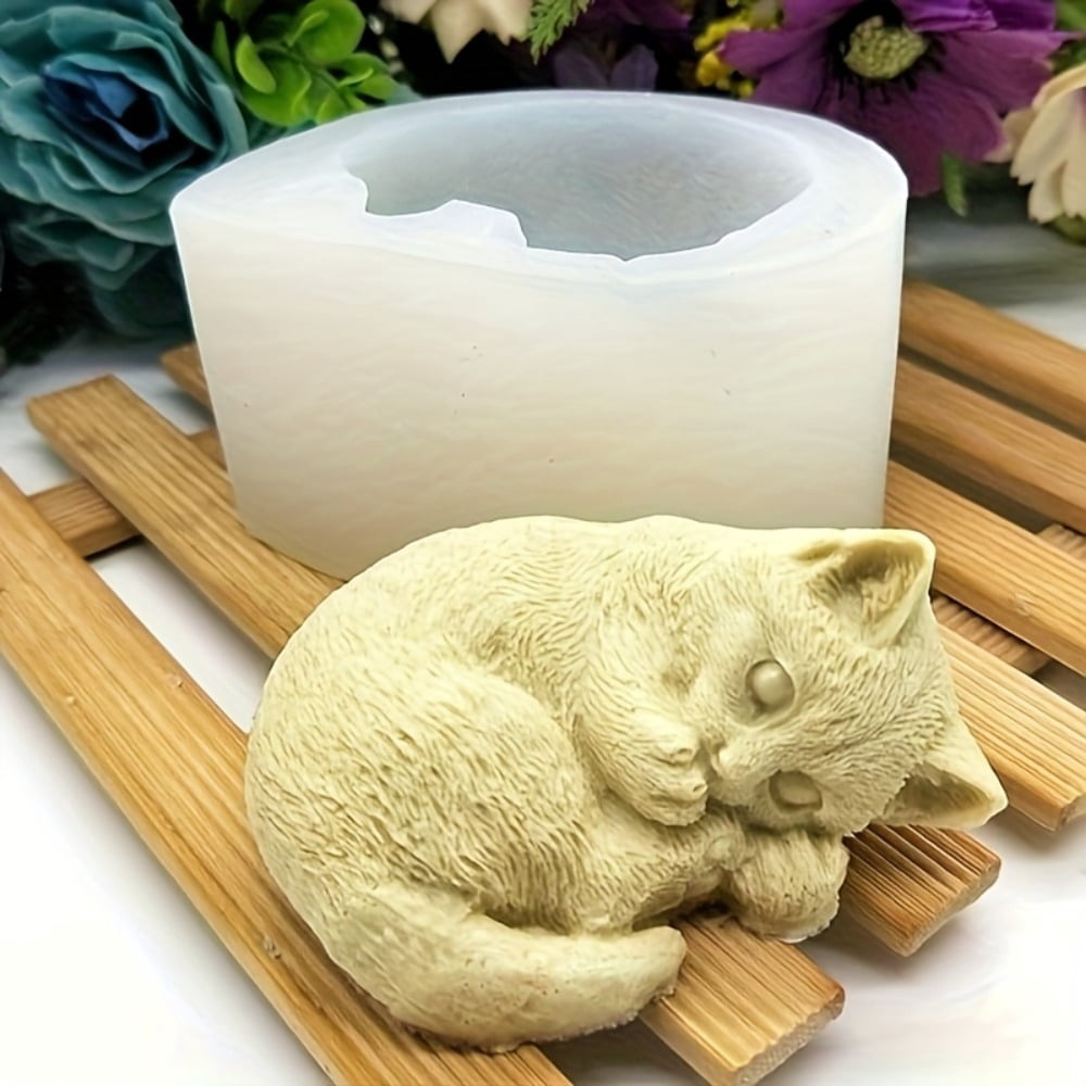 2 Sets of Silicone Cat Molds, 3D Sitting Rose Cat Mold, Side-lying Sleeping Cat Silicone Candle Mold, Cat Resin Candle Mold, Cute Animal Epoxy Resin Casting Plaster Mold, DIY Craft Gift Set