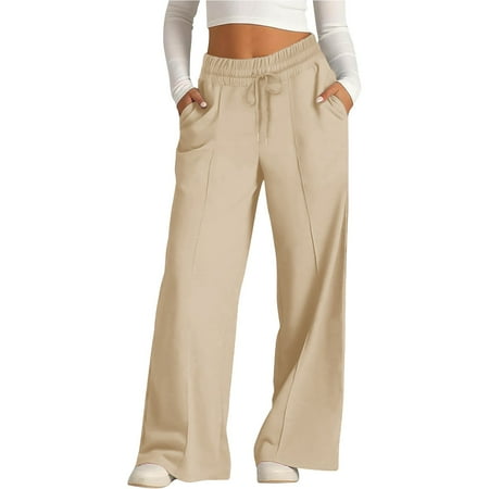 Bovemsi Casual Pants for Women Summer Leisure Fashion Lacing Solid Color Waist Wide Leg Beach Trousers