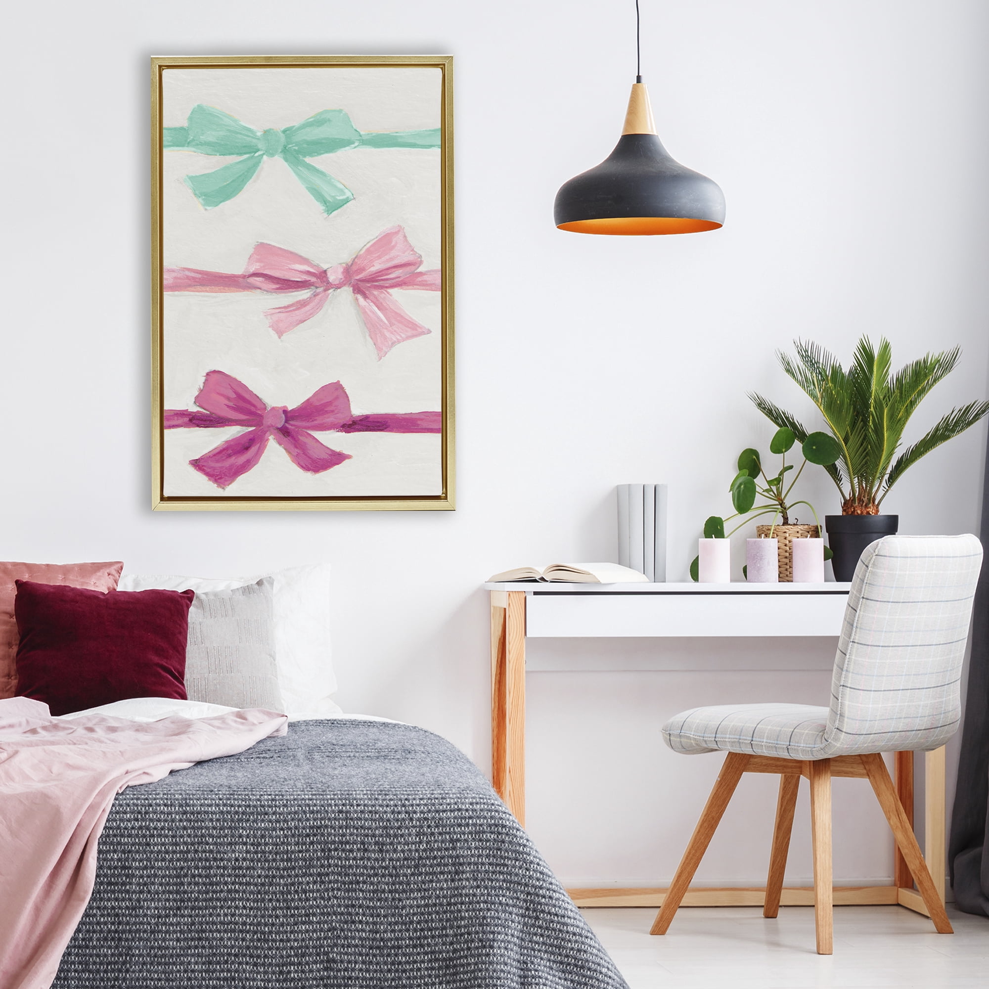 Stupell Industries Ribbon Bows Trio Gold Framed Floater Canvas Wall Art, design by Lanie Loreth