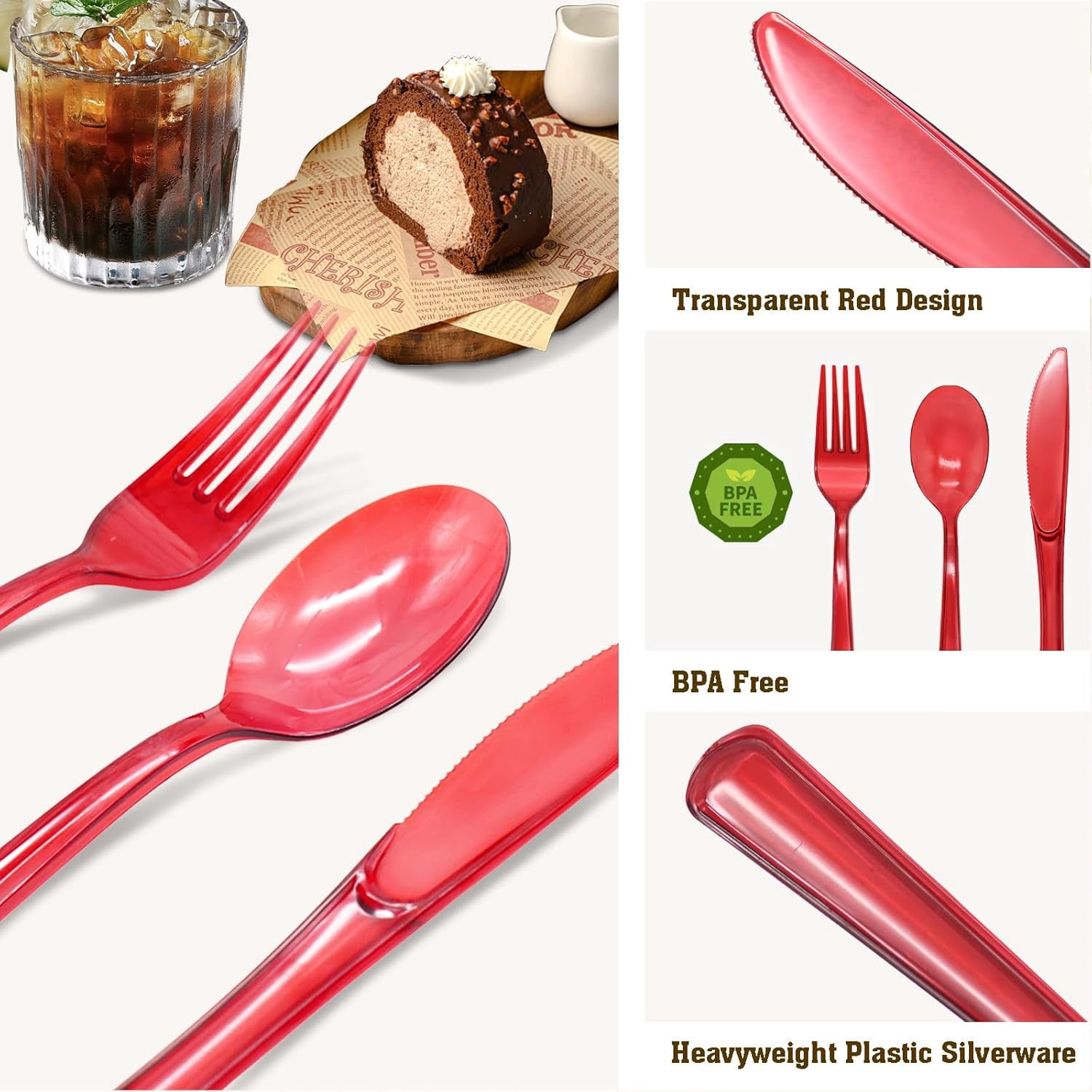 150 Pack Red Plastic Silverware, Red Utensils Heavy Duty, Disposable Plastic Cutlery Include 50 Forks, 50 Spoons, 50 Knives for Birthday, Party, Christmas, New Year