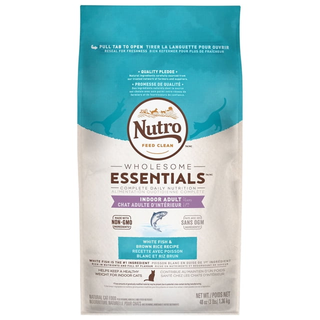 Nutro Chat Adulte d'Intérieur Recette avec Poisson Blanc & Riz Brun Entier Nourriture Sèche pour Chats 1.36kg