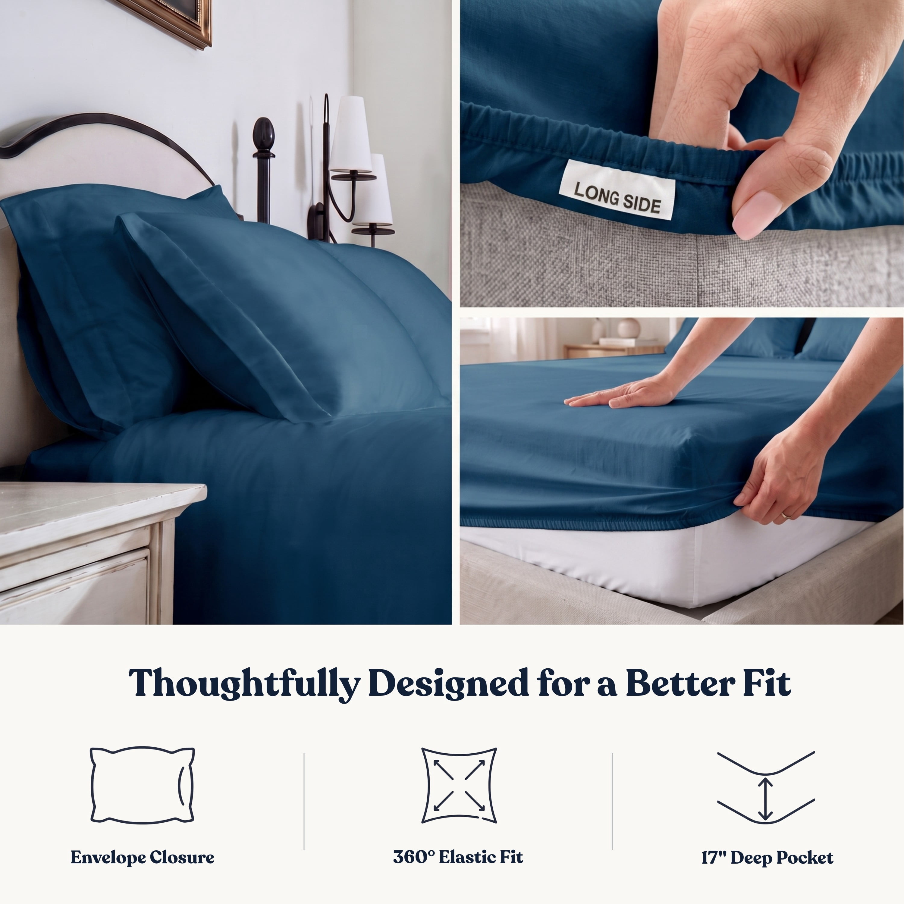Delara 100% Organic Cotton Percale 400TC Sheet Set, GOTS Certified, Ultra-Soft & Breathable, Midnight Blue, Full, 4-Piece