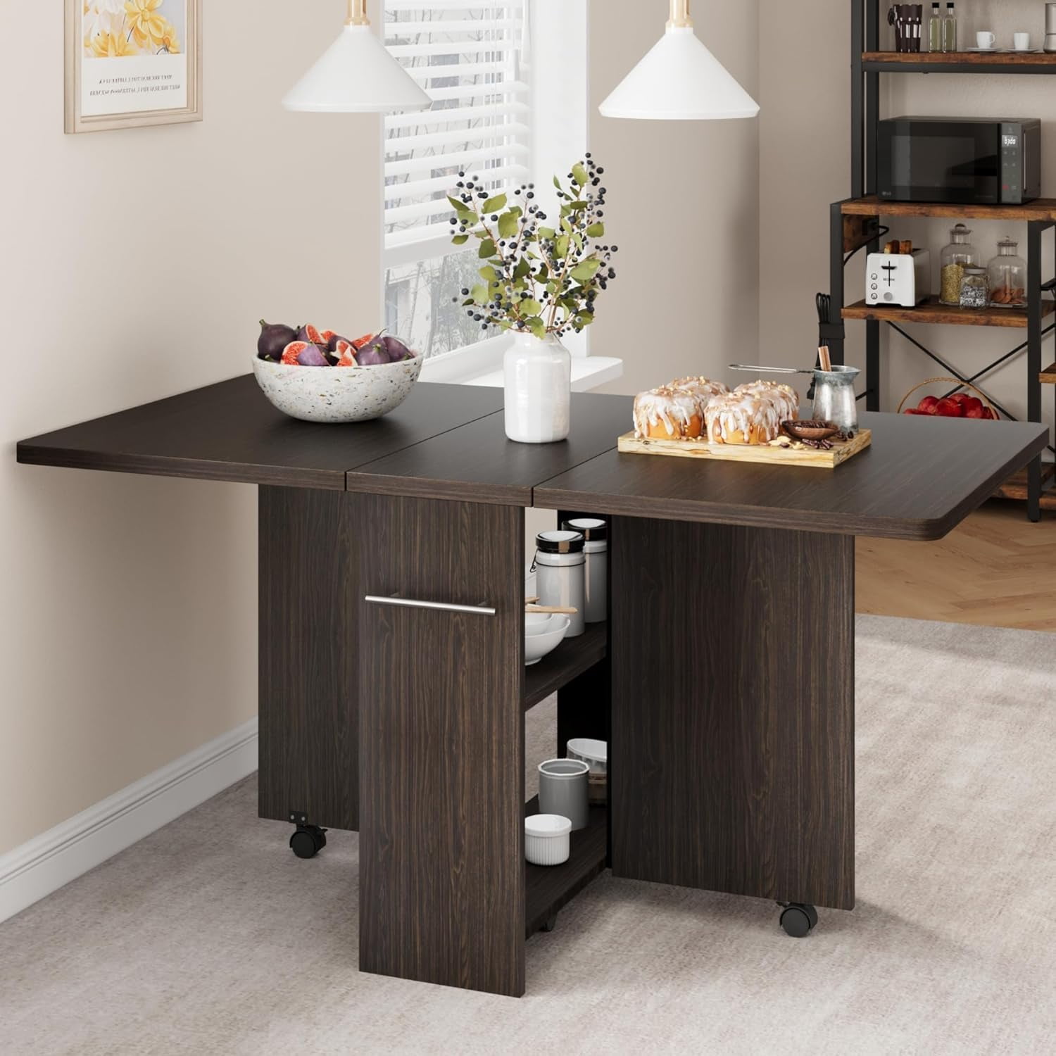 GAOMON Space-Saving Folding Dining Table with Drop Leaf & 2-Tier Storage, Expandable Farmhouse Table for Kitchen, Dining Room, or Small Spaces, Dark Walnut