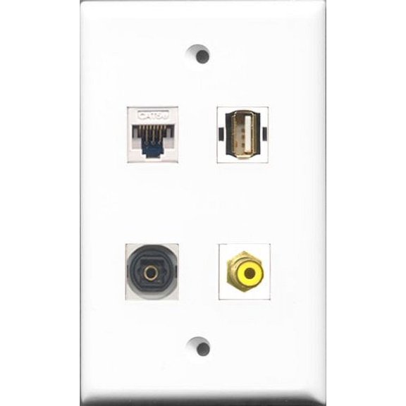 RiteAV 1 Port RCA Yellow and 1 Port USB A-A and 1 Port Toslink and 1 Port Cat5e Ethernet White Wall Plate