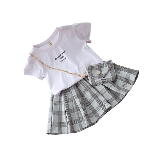 Sonducket Camiseta de manga corta de verano para niña, conjunto de con cintura elástica, fiesta de viaje, banquete, evento, niños, Tops, conjuntos de ropa Gris 110cm