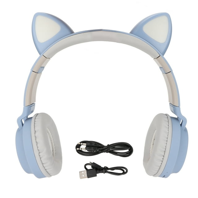 Auriculares para juegos con orejas de gato, luz LED de graves profundos, plegables, lindos auriculares con orejas de gato con orejeras suaves, azul grisáceo