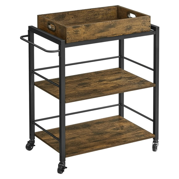 VASAGLE Kitchen Serving Cart with Removable Tray, 3-Tier Kitchen Utility Cart on Wheels with Storage, with Brakes, Leveling Feet, 15.7 x 28.3 x 33.9 inches, Rustic Brown and Black ULRC72X
