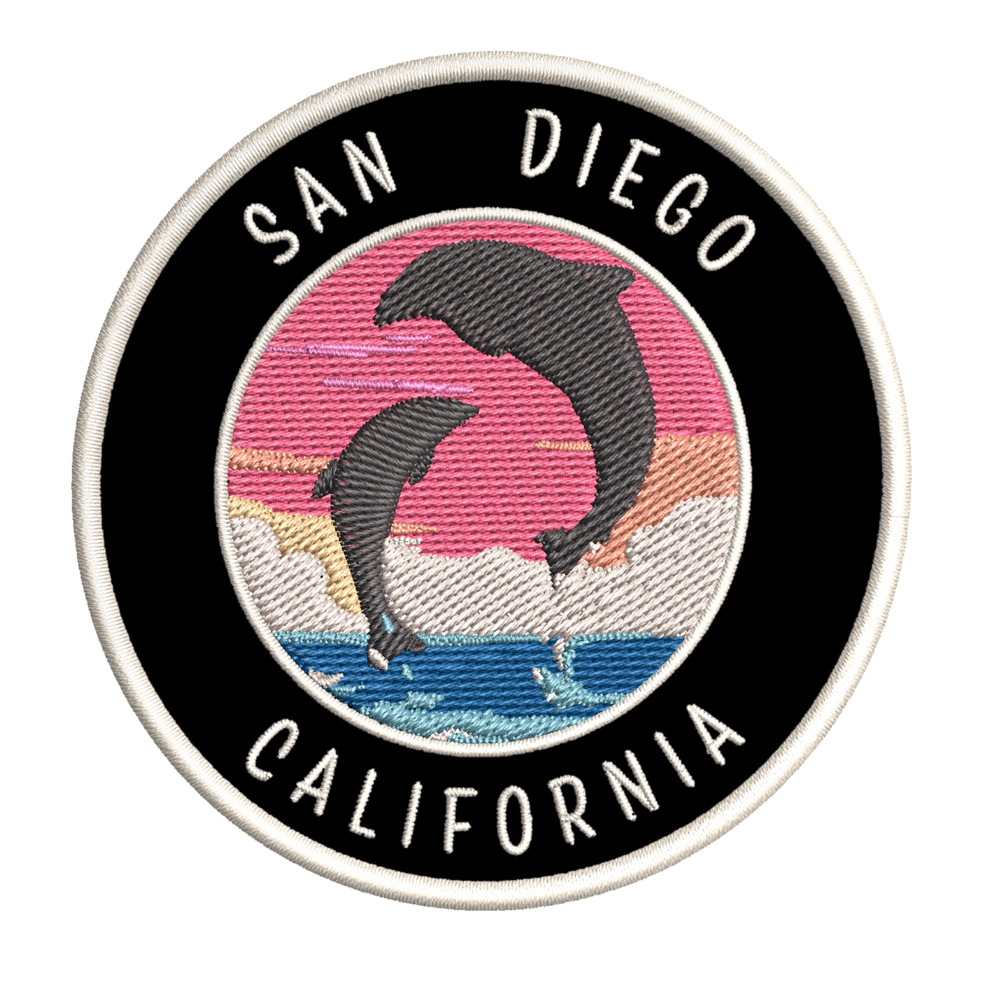 Iron or Sew-on Patch Dolphins 3.5 Inch Embroidered Fabric Badge Souvenir Ocean Theme San Diego California