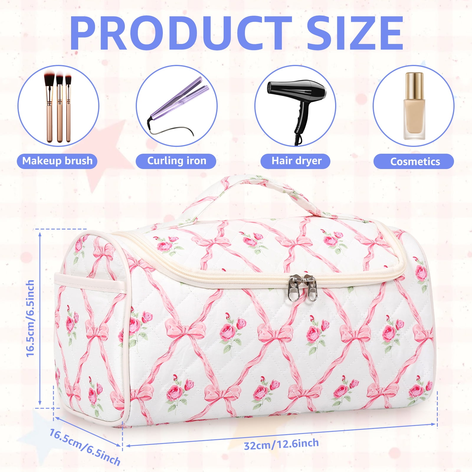 NUAHRHY Travel Makeup Bag with Handle, Cosmetic Organizer Bag Toiletry Bag for Women Girls, Cute Travel Essentials Case with Compartments, Vertical Make up Storage Bag Hair Dryer Holder