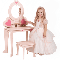 TLSUNNY Kids Vanity Table and Chair Set, Toddler Pretend Play Dressing Makeup Table with 8 Pcs Accessories, Princess Wooden Toys for Little Girls