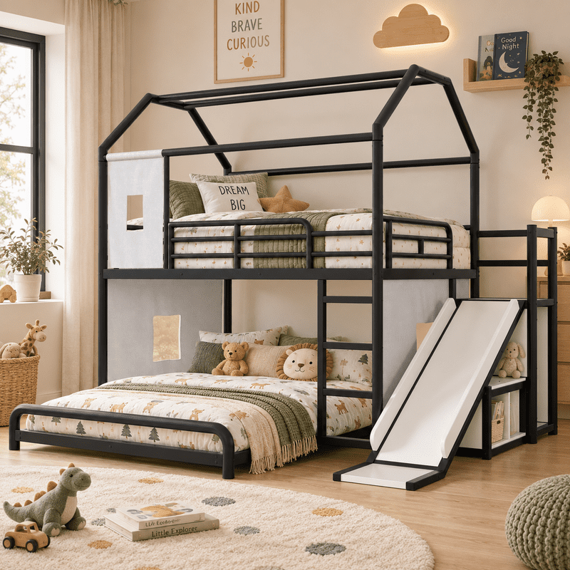Full Over Full Metal Bunk Bed with Slide, Ladder, LED Light, Privacy Curtain and Movable Storage Cabinet, House-Shaped Kids Bunk Bed with Hanging Rod, No Box Spring Required