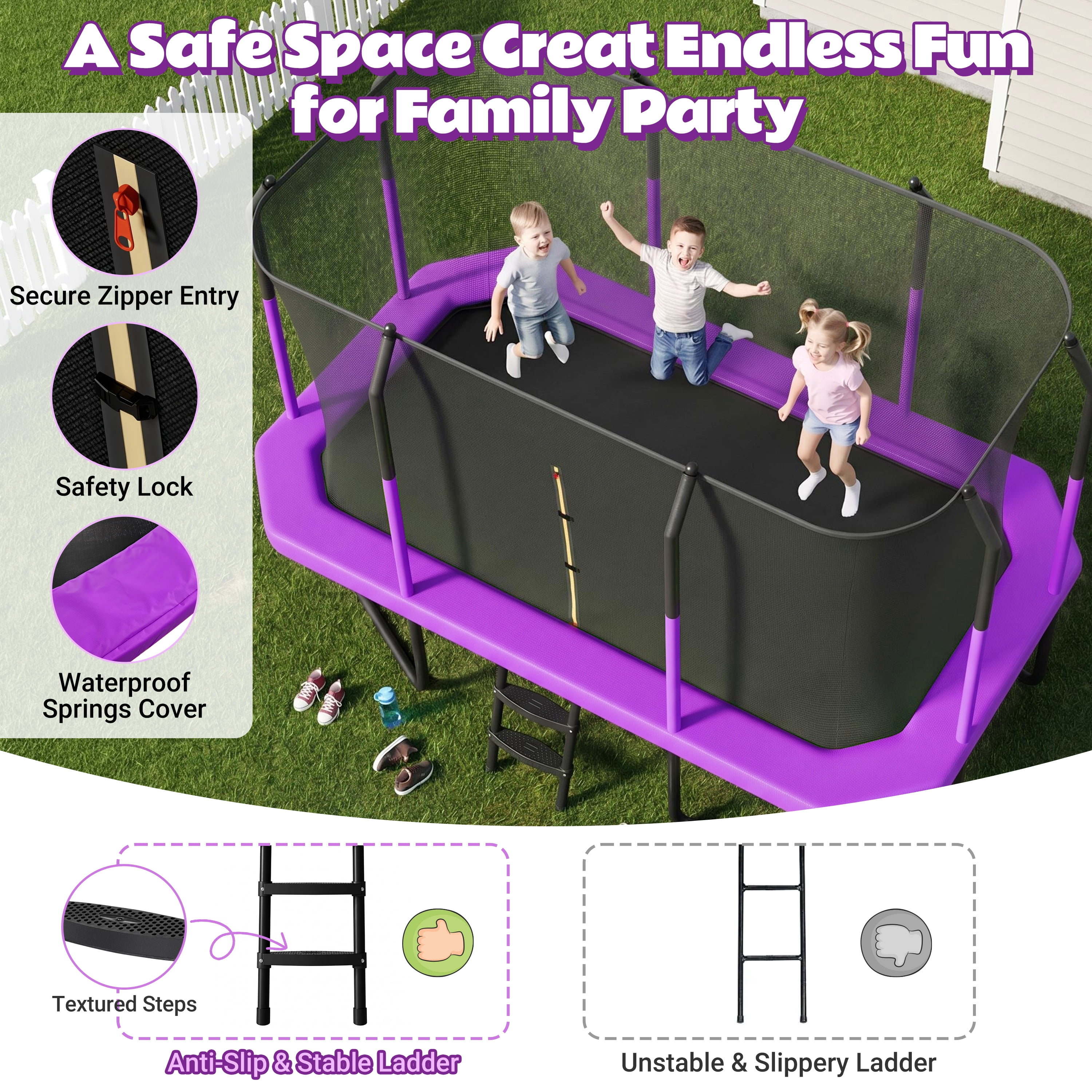 EUROCO 8X14FT Large Rectangle Outdoor Trampoline with Weather-Resistant Enclosure Net and Ladder, Maximum Load Capacity Backyard Jump Pad for Family