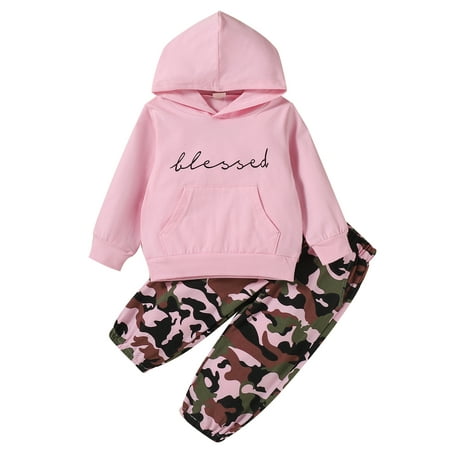 

Fall Winter Toddler Girls Clothes Pink Blessed Hoodie Sweatshirt Tops+Camo Pants 2pcs Outfits Clothing Sets
