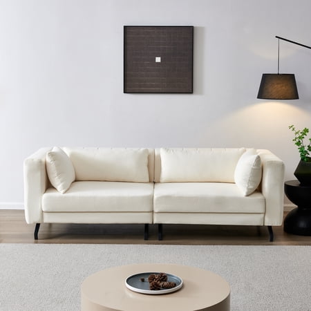 86'' Upholstered Modern Sofa Couch, 3-Seater Sofa with 2 Small Pillows and Metal Legs, Comfy Couche Furniture with 2 Extra Cushions for Living Room, Bedroom, Apartment, Ivory