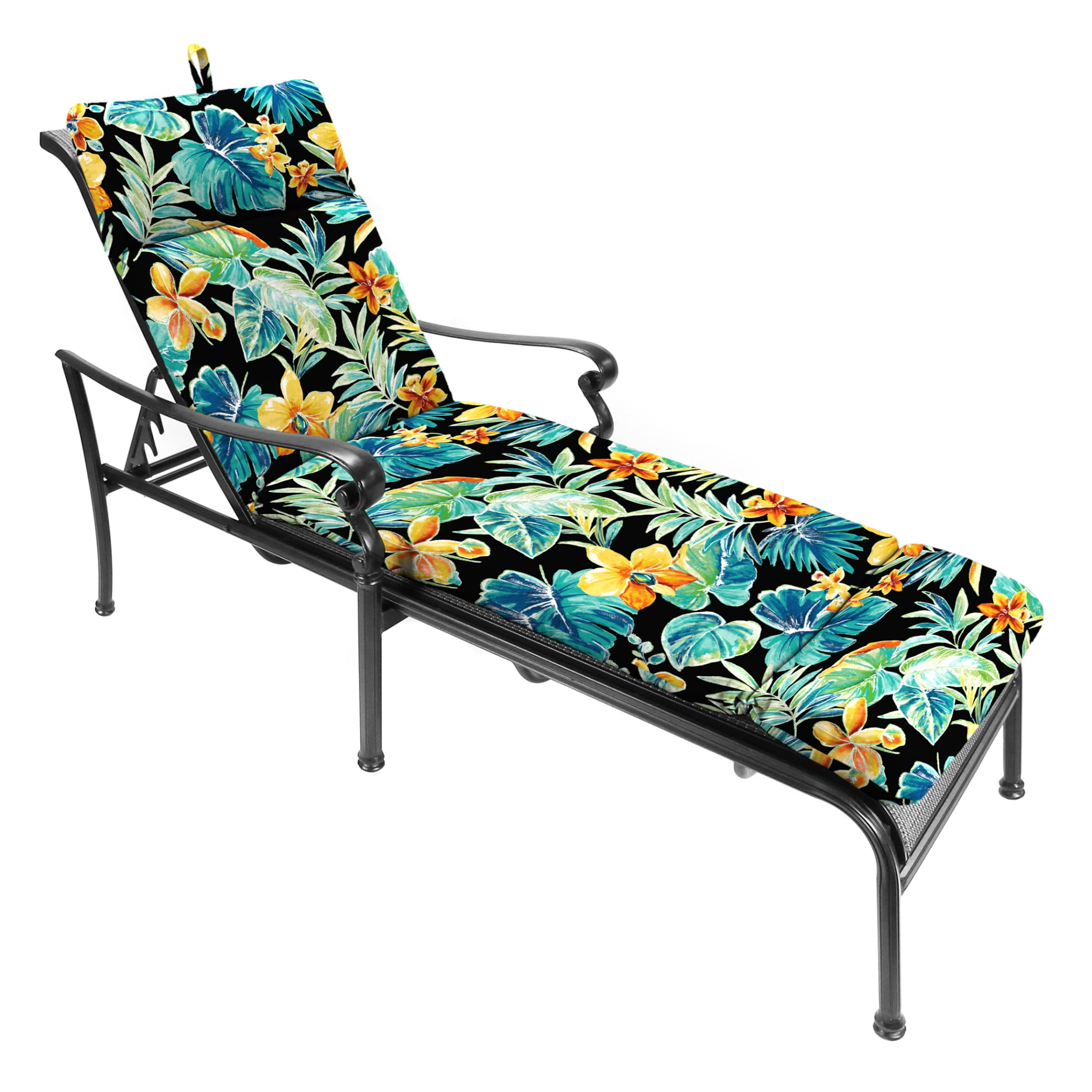 Jordan Manufacturing 74" x 22" Beachcrest Caviar Black Floral Rectangular Outdoor Chaise Lounge Cushion with Ties and Hanger Loop