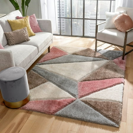 Well Woven San Francisco Venice Modern Geometric Triangle Pattern Shag Grey Blush 3D Textured Thick & Soft Shag 5ft x 7ft Area Rug