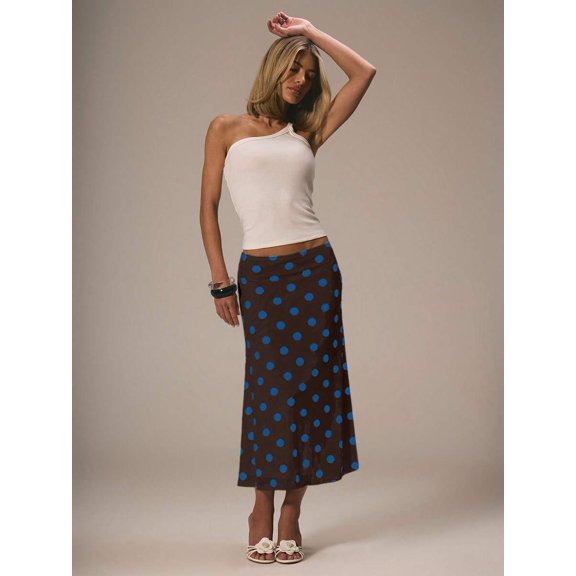 Brown Polka Dot Midi Skirt Flowing A-Line Casual Summer