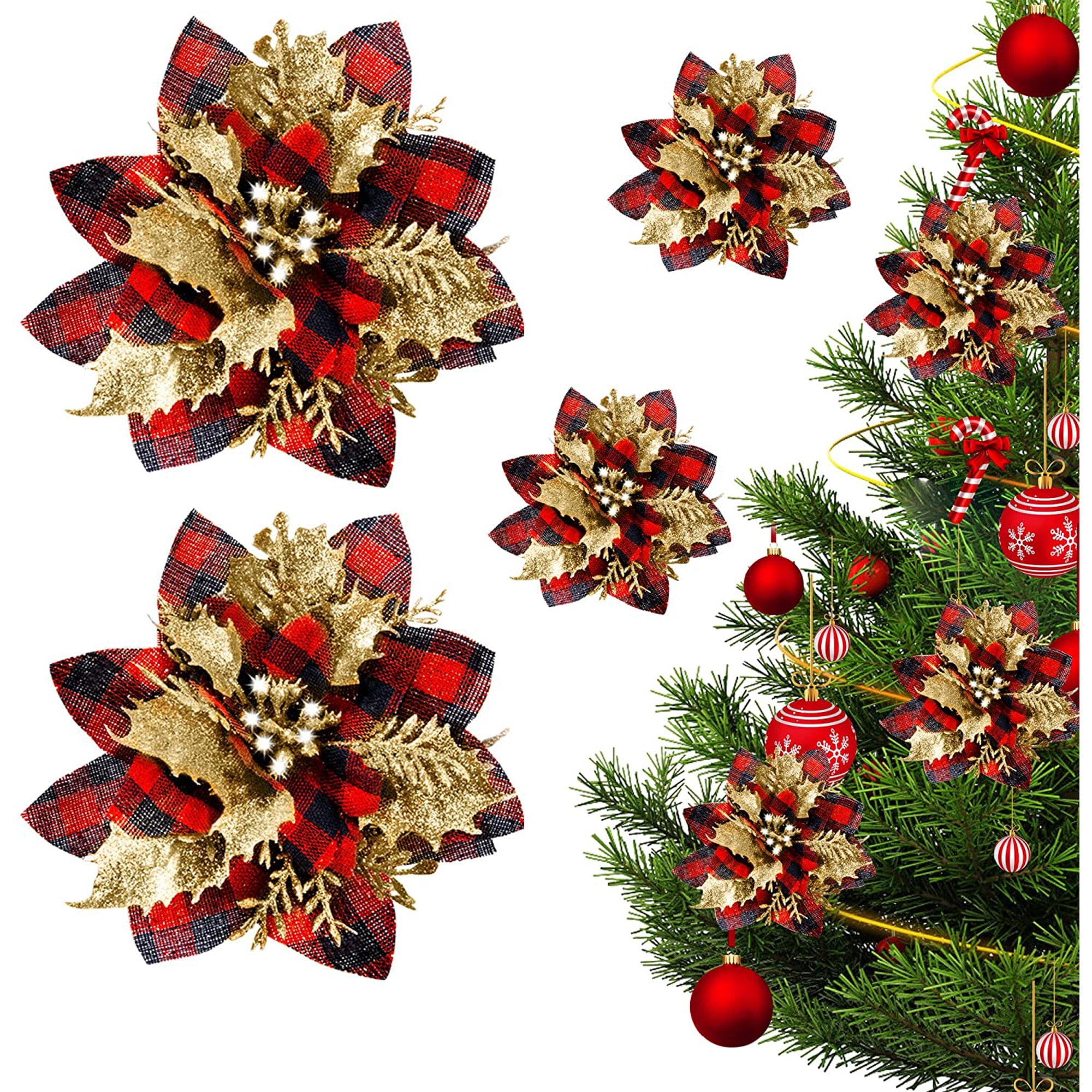 12PCS Christmas Glitter PoinsettiaArtificial Buffalo Check Flower,Christmas Check Poinsettias