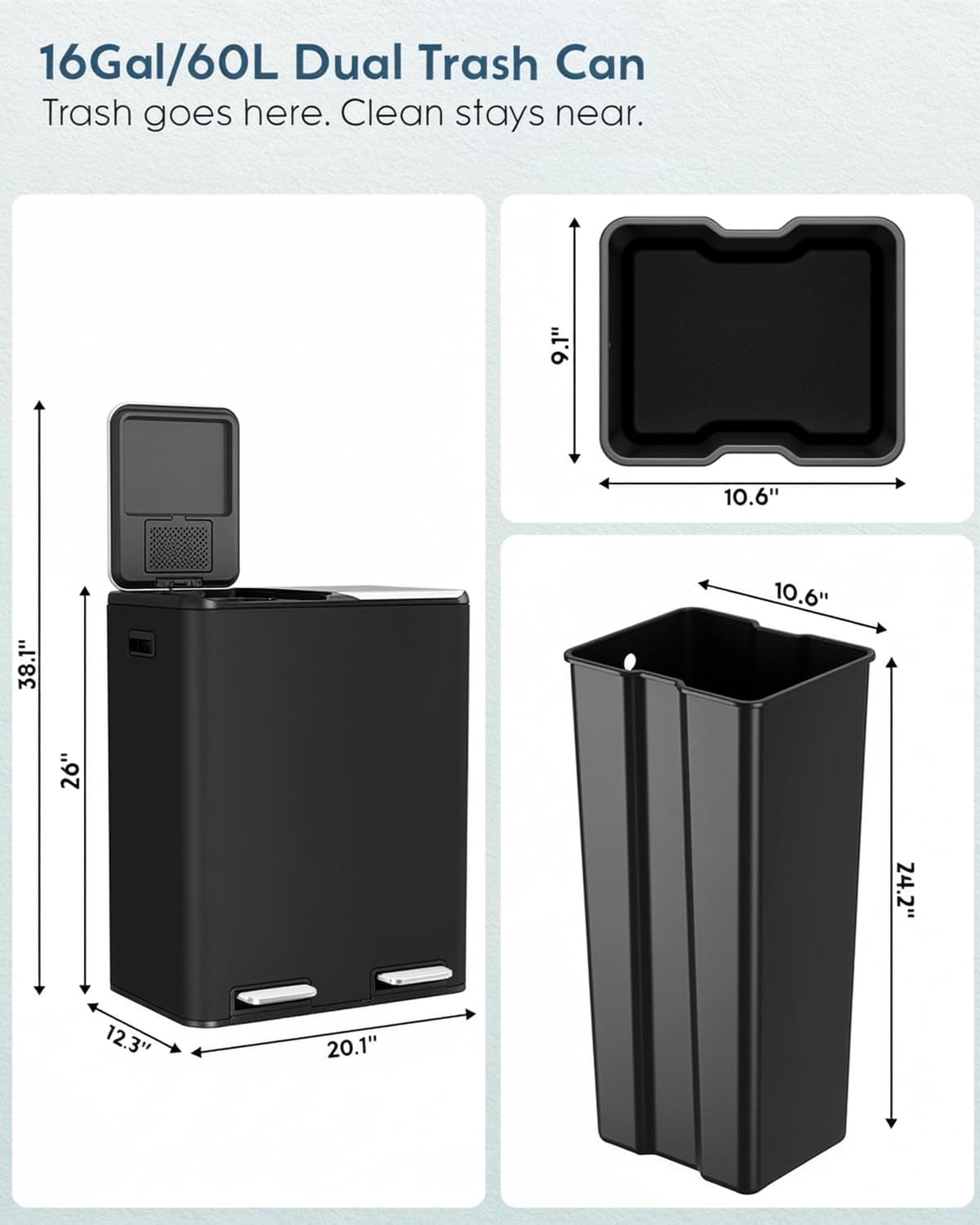 Arlopu 16 Gal (60 L) Dual Kitchen Trash Can Rectangular Recycling Bin Stainless Steel, Soft Close Lid, 2 Built-in Box for Odor Control
