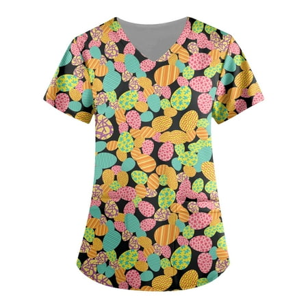 

DNDKILG Scrubs Top for Women Holiday Pockets Nursing Scrubs Casual V Neck Uniform Easter Professionals T Shirt Yellow 4XL