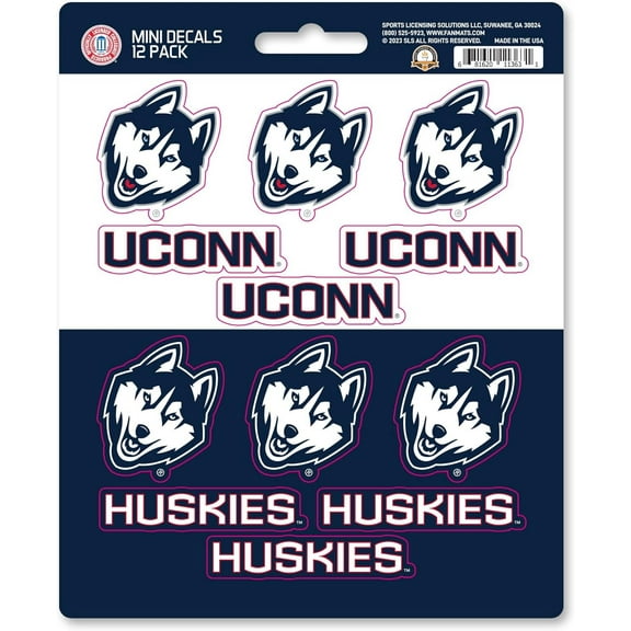 University of Connecticut Huskies 12-Piece Mini Decal Sticker Set, 5x6 Inch Sheet, Gift for football fans for any hard surfaces around home, automotive, personal items