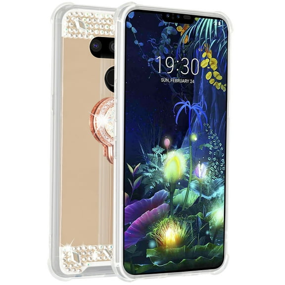 SOATUTO For LG V50 Case LG V50 ThinQ Diamond Glitter Case Makeup Mirror with Ring Holder Stand Bling Rhinestone Crystal Cute for Women Girls Case with Finger Grip for LG V50 LG V50 ThinQ - Gold