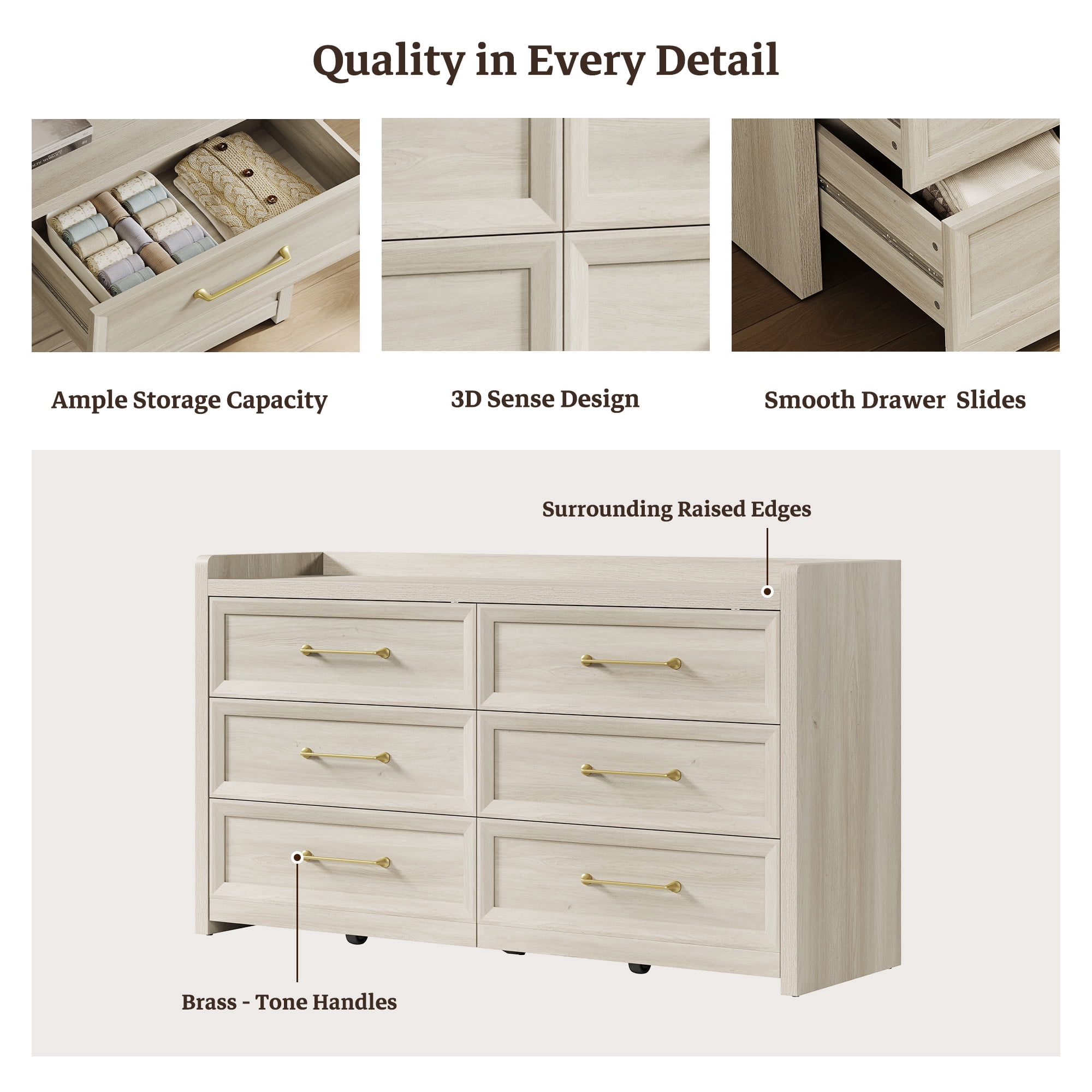 SICOTAS 56.4"W Farmhouse 6 Drawer Double Dresser, Long Chest of Drawers with Brass-tone Handles & Rolling Wheels, Wooden Dresser Storage Cabinet for Bedroom Living Room, White Oak