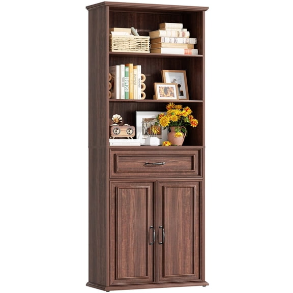 iSunirm 80'' Tall Bookcase with Doors, 5-Tier Bookshelves with Storage, 24.6'' Width Display Shelf with Drawer for Living Room, Home Office, Walnut