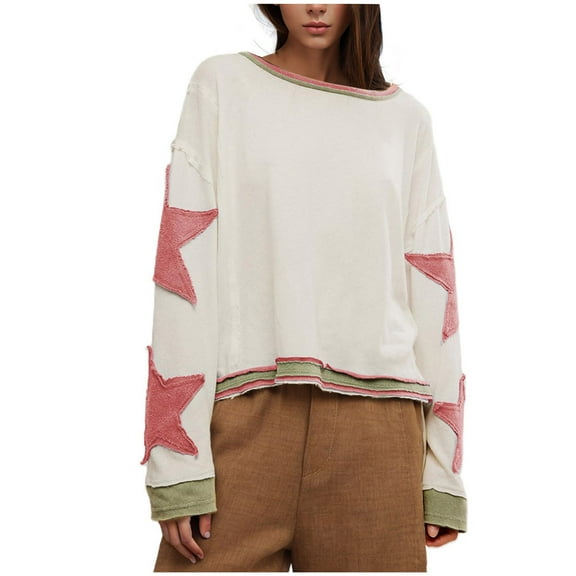 YUGYXL Oversized Sweatshirt for Women Y2K Tops Long Sleeve Graphic Star Shirts Lovely Crewneck Pullover Winter Fall Clothes Pink XL