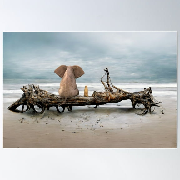 elephant and a dog are sitting on driftwood Poster, 24x36 UNFRAMED
