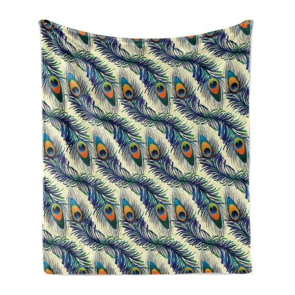 Peacock Soft Flannel Fleece Blanket, Exotic Peacock Feathers Pattern Vintage Style Ornamental Details Image, Cozy Plush for Indoor and Outdoor Use, 50" x 60", Navy Blue Green Orange, by Ambesonne