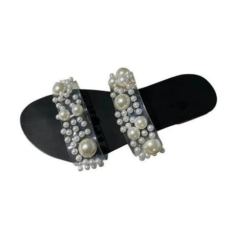 

Womens House Slippers Womens House Shoes Women s Leisure Vacation Beach Pearl Inlaid Transparent Flat Bottom Slippers Black