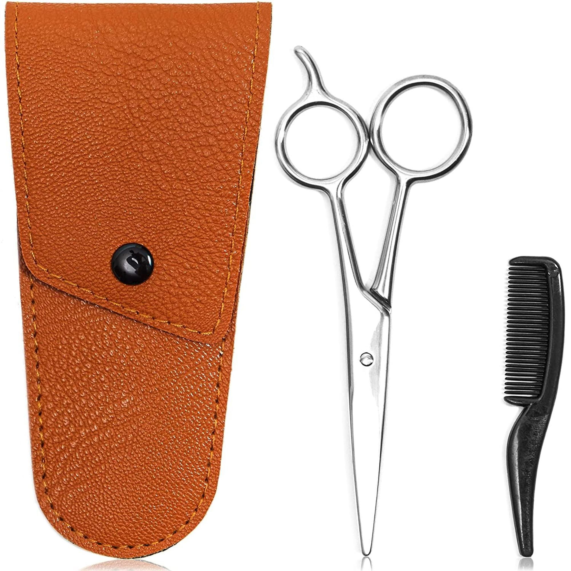 Beard Mustache Scissors with Comb and Brown PU Leather Pouch for Men
