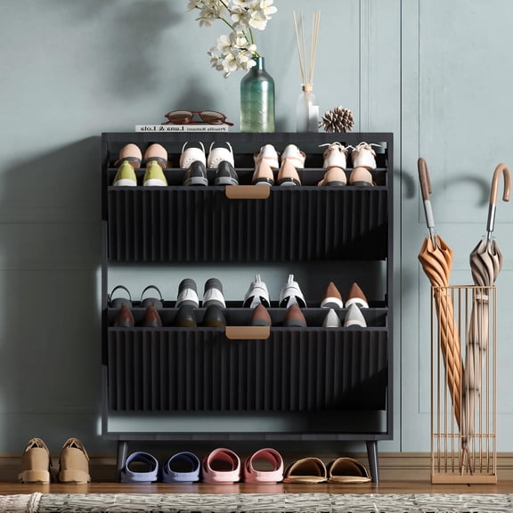 Shoe Cabinet Storage,Modern Freestanding Organizer with 2 Flip Drawers,Narrow Shoe Rack Cabinet for Entryway,Grey
