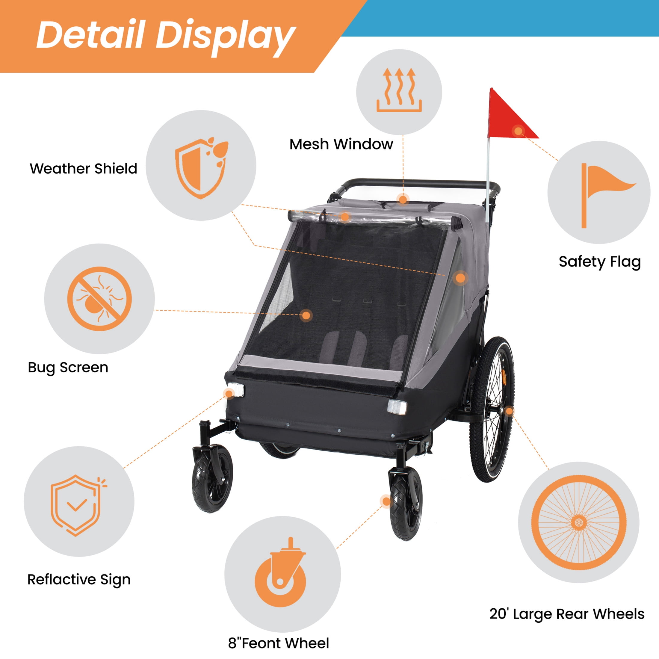 Noble House 2-in-1 Kids Bike Trailer & Jogging Stroller for 1 to 2 Children, Foldable Compact Storage Bags, Gray