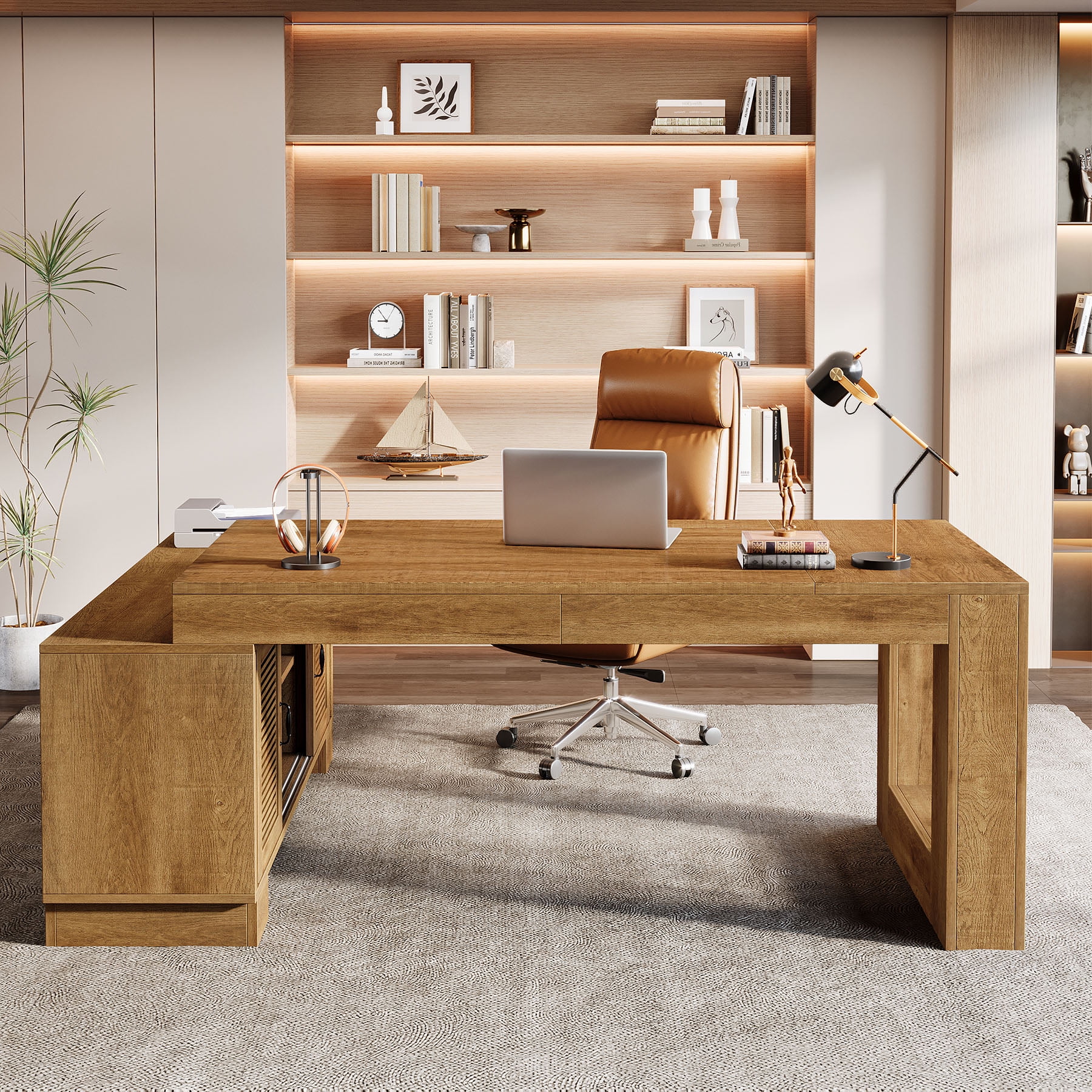Tribesigns 63" L-Shaped Computer Desk with Storage Cabinets and 2-Tier Shelf, Mid-Century Modern Large Executive Table Workstation for Home Office, Brown